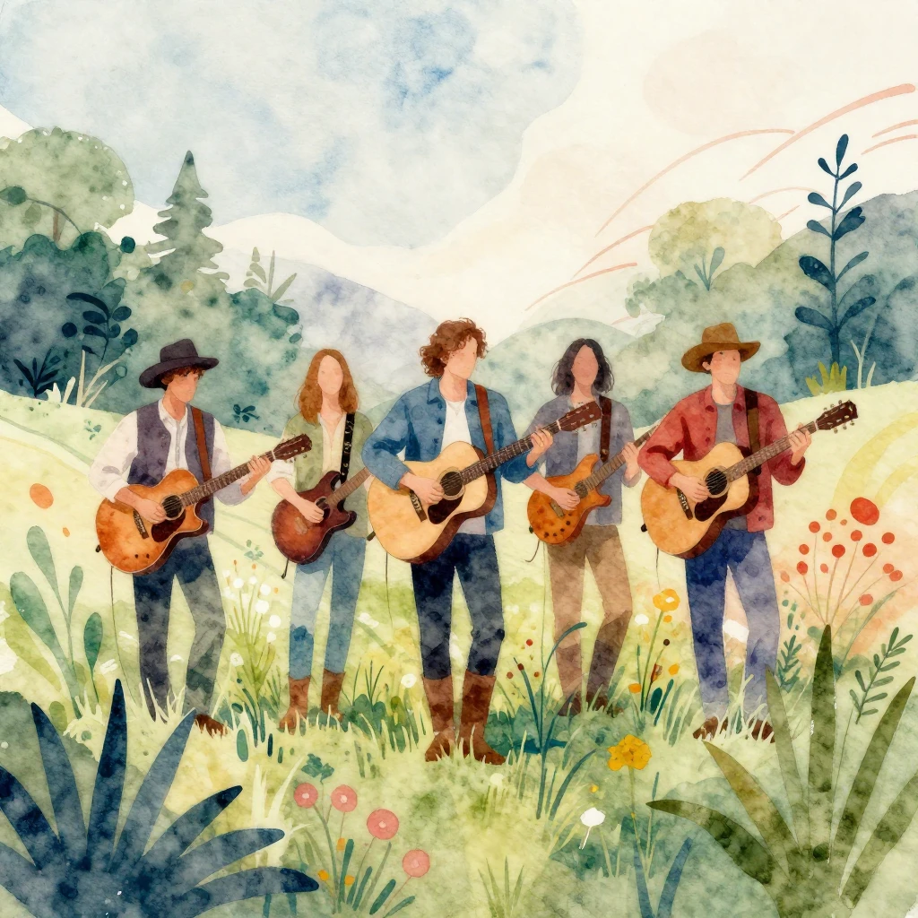 Vibrant watercolor-style album art for a bluegrass band, fea...