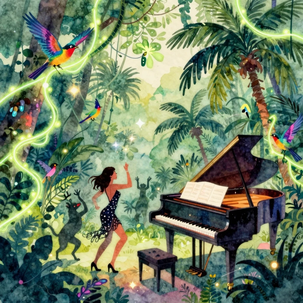 Vibrant watercolor style. Lush green jungle scene with glowi...