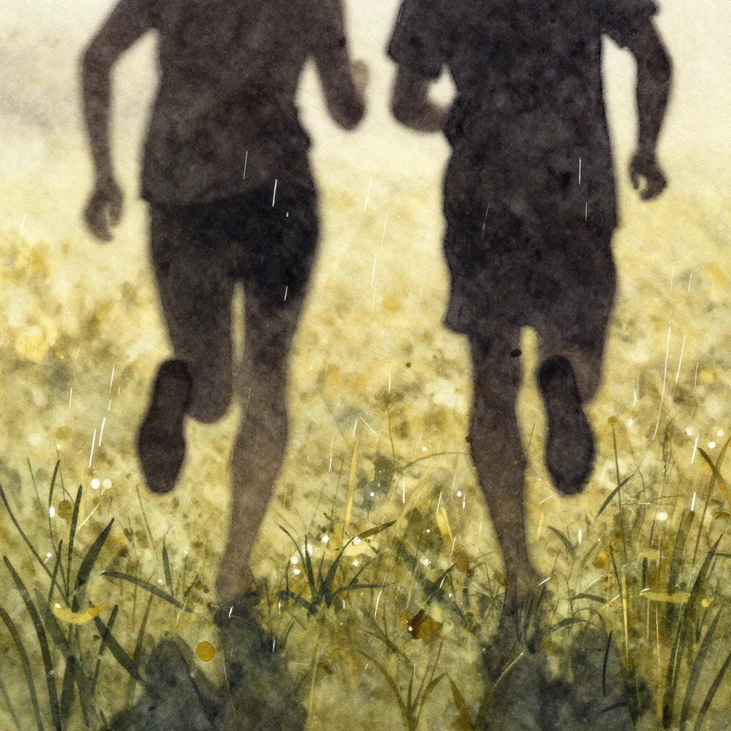 A watercolor painting of silhouettes of two people running b...
