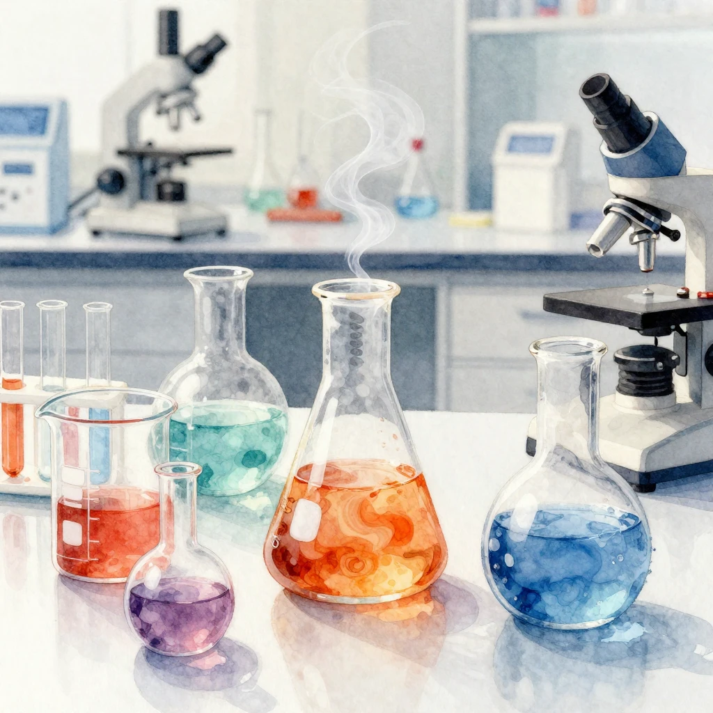 Watercolor illustration of a chemistry experiment in progres...