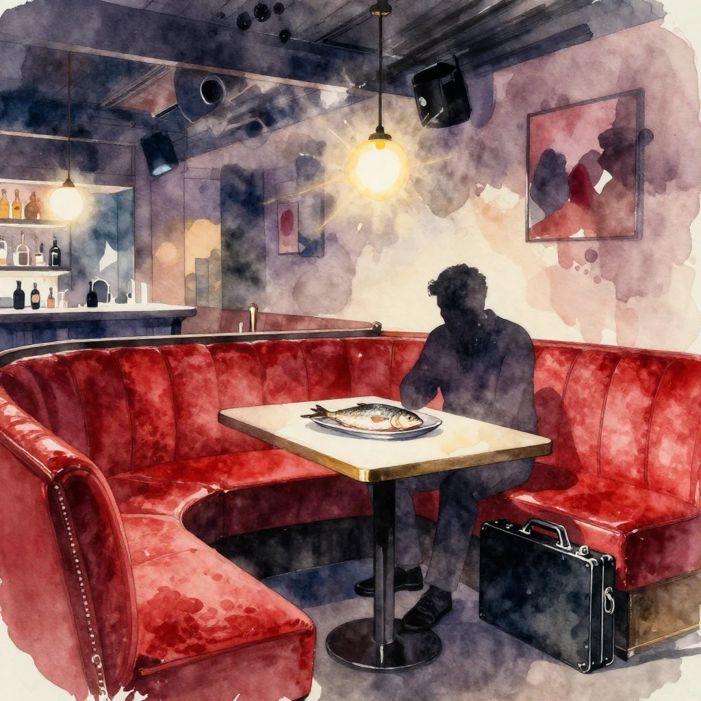A smoky bar interior, painted in a vibrant watercolor style....