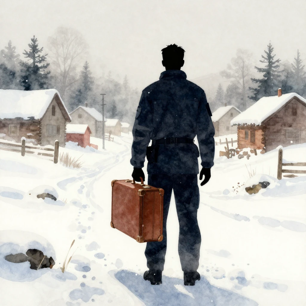 A silhouette of a rural paramedic standing in a snowy, foggy...