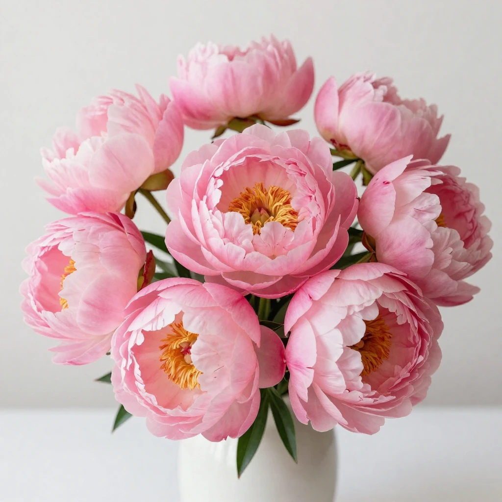 A vibrant bouquet of pink peonies in full bloom, arranged in...