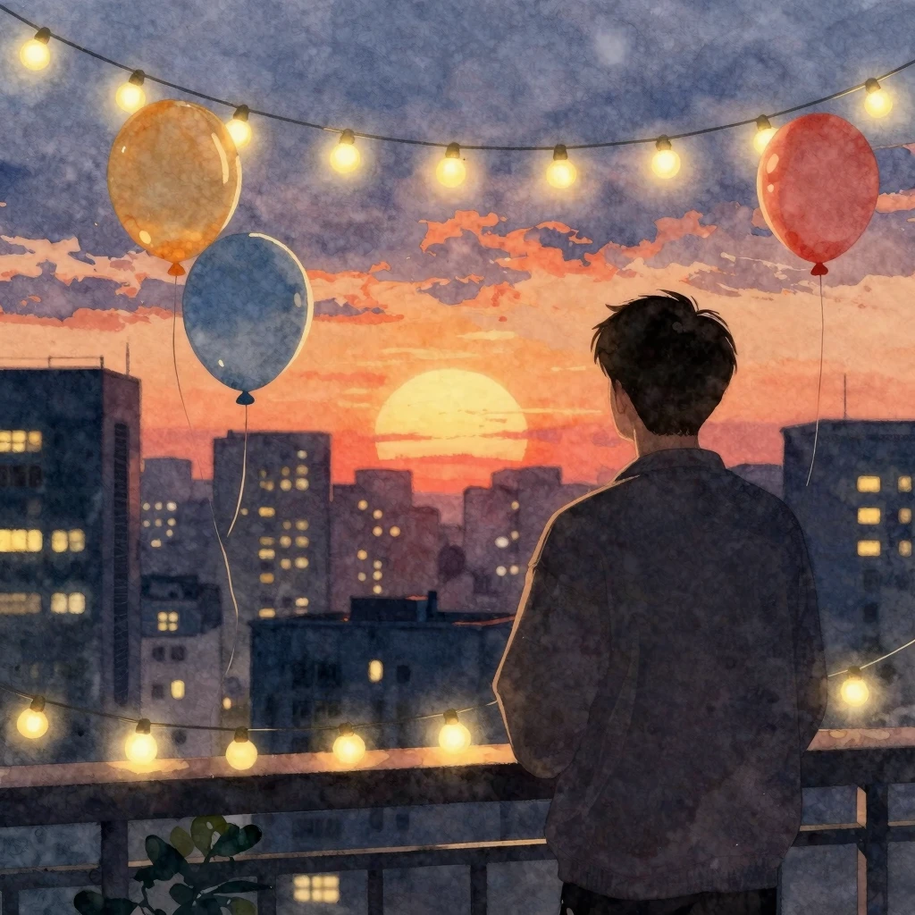 Watercolor style. A cozy evening scene with a silhouette of ...