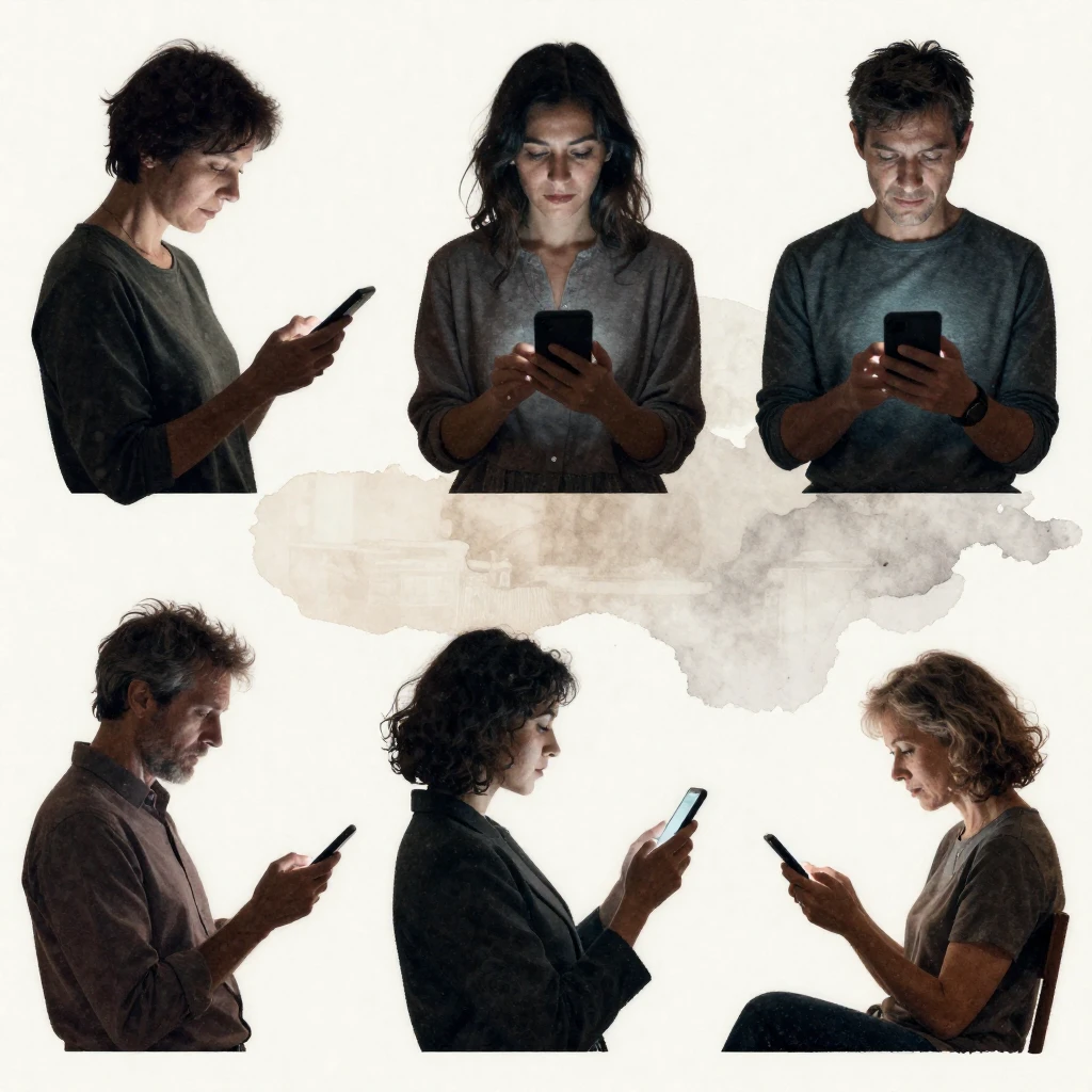 Silhouettes of diverse middle-aged people looking at their s...