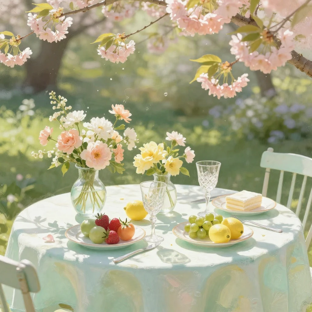 A sun-drenched outdoor brunch table set in a lush spring gar...