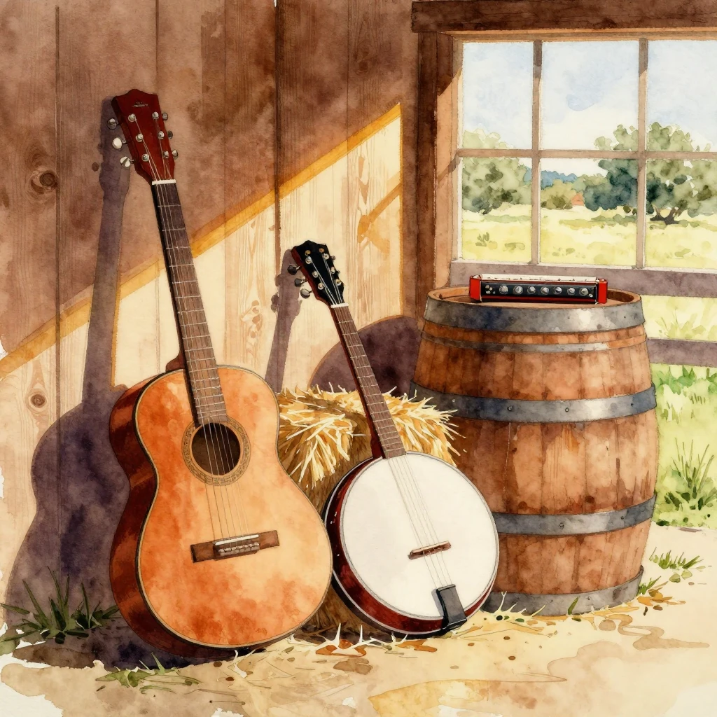 Watercolor painting of traditional American folk music instr...