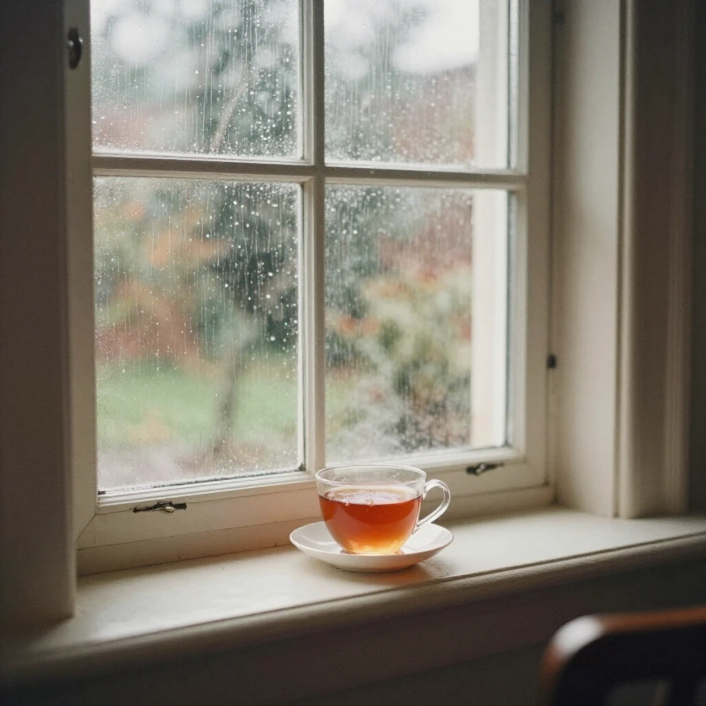 A cozy room interior with a large window showing rain fallin...