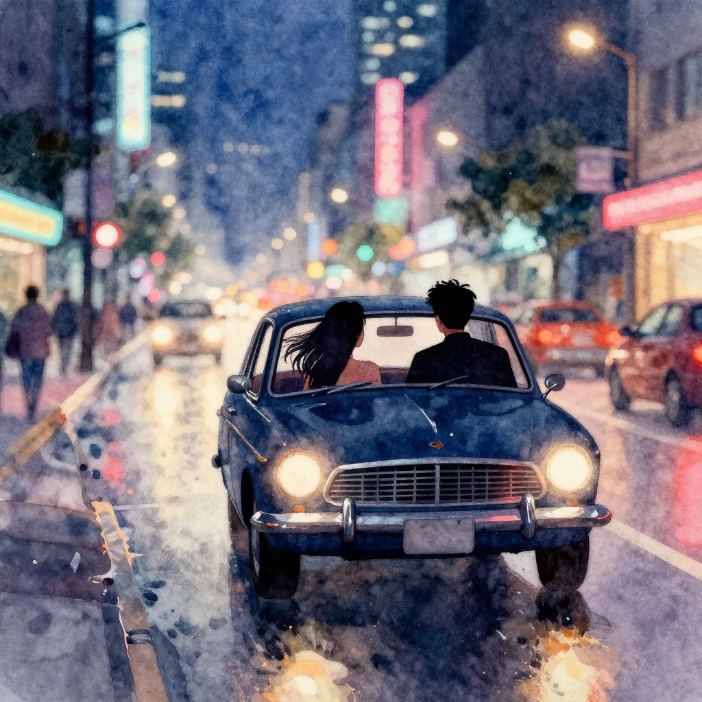 A watercolor painting depicting a silhouette of a couple ins...