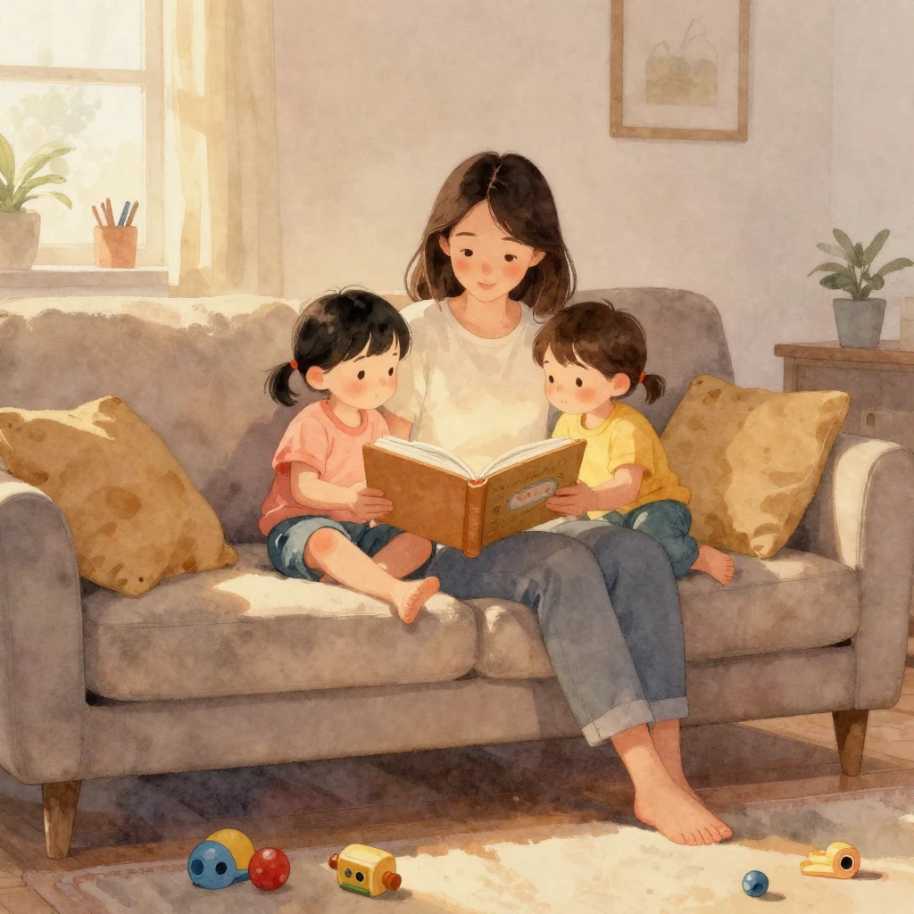 A warm and cozy living room, soft evening light. A mother re...