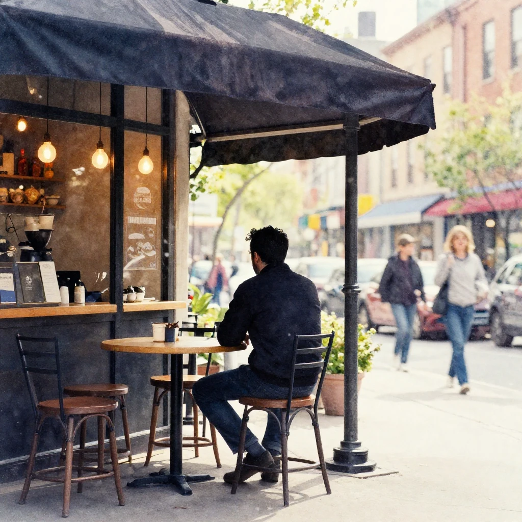 A man's silhouette waiting patiently outside a cozy cafe in ...