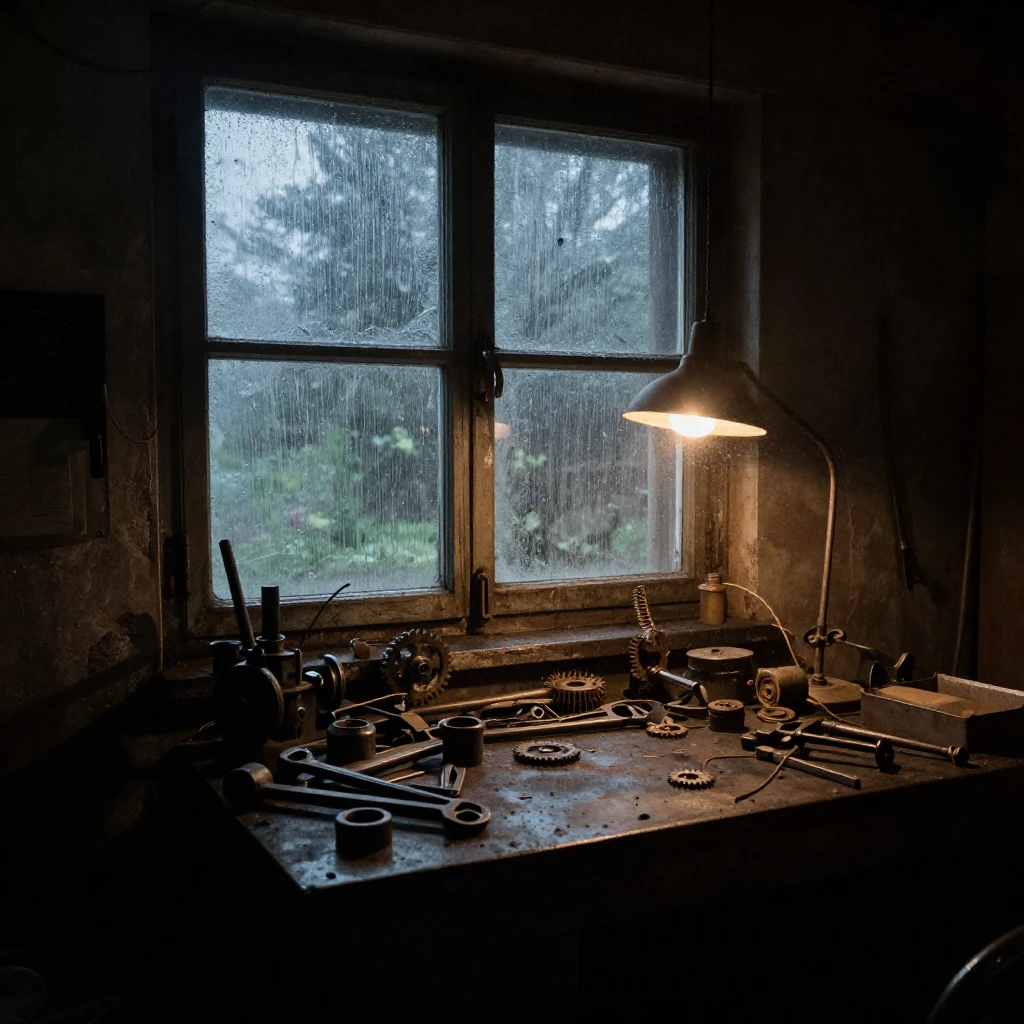 An old, dimly lit workshop interior, with rain streaking dow...