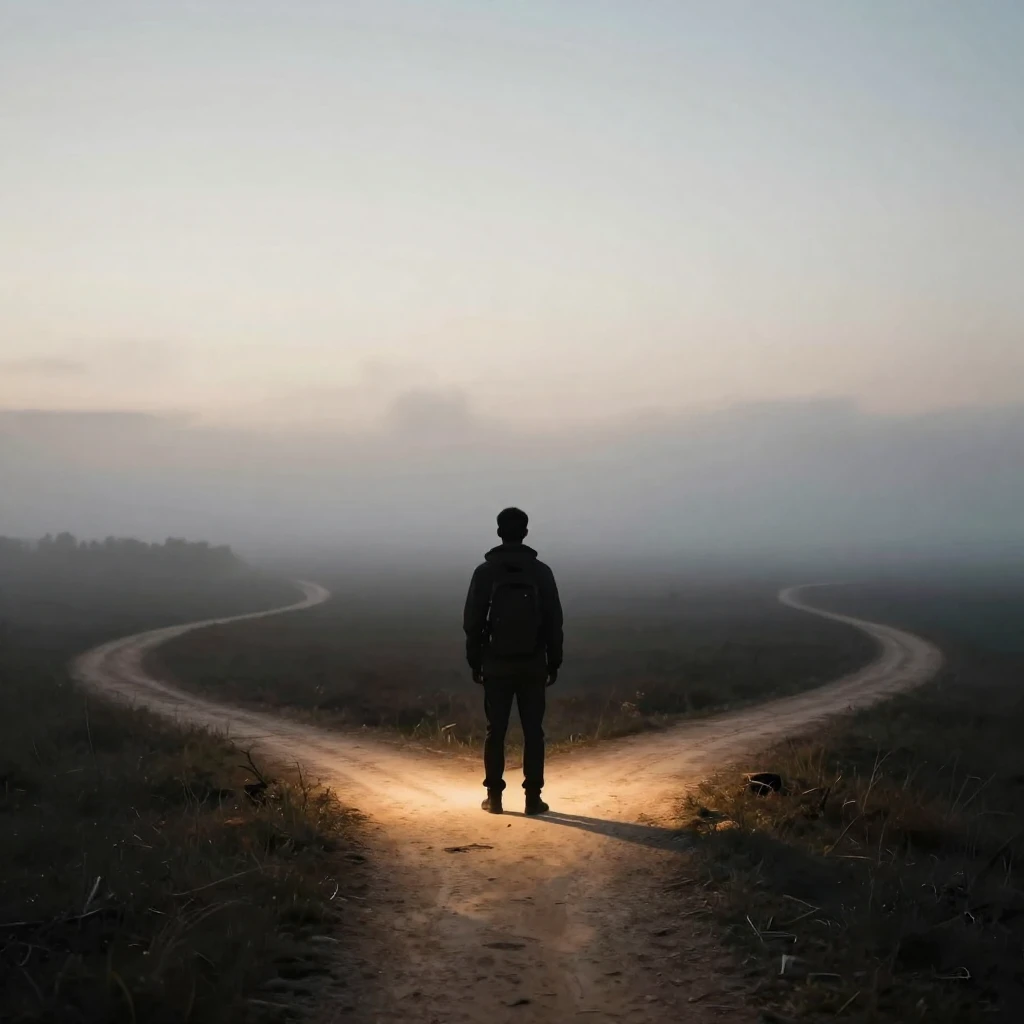 A silhouette of a lone traveler standing at a crossroads in ...
