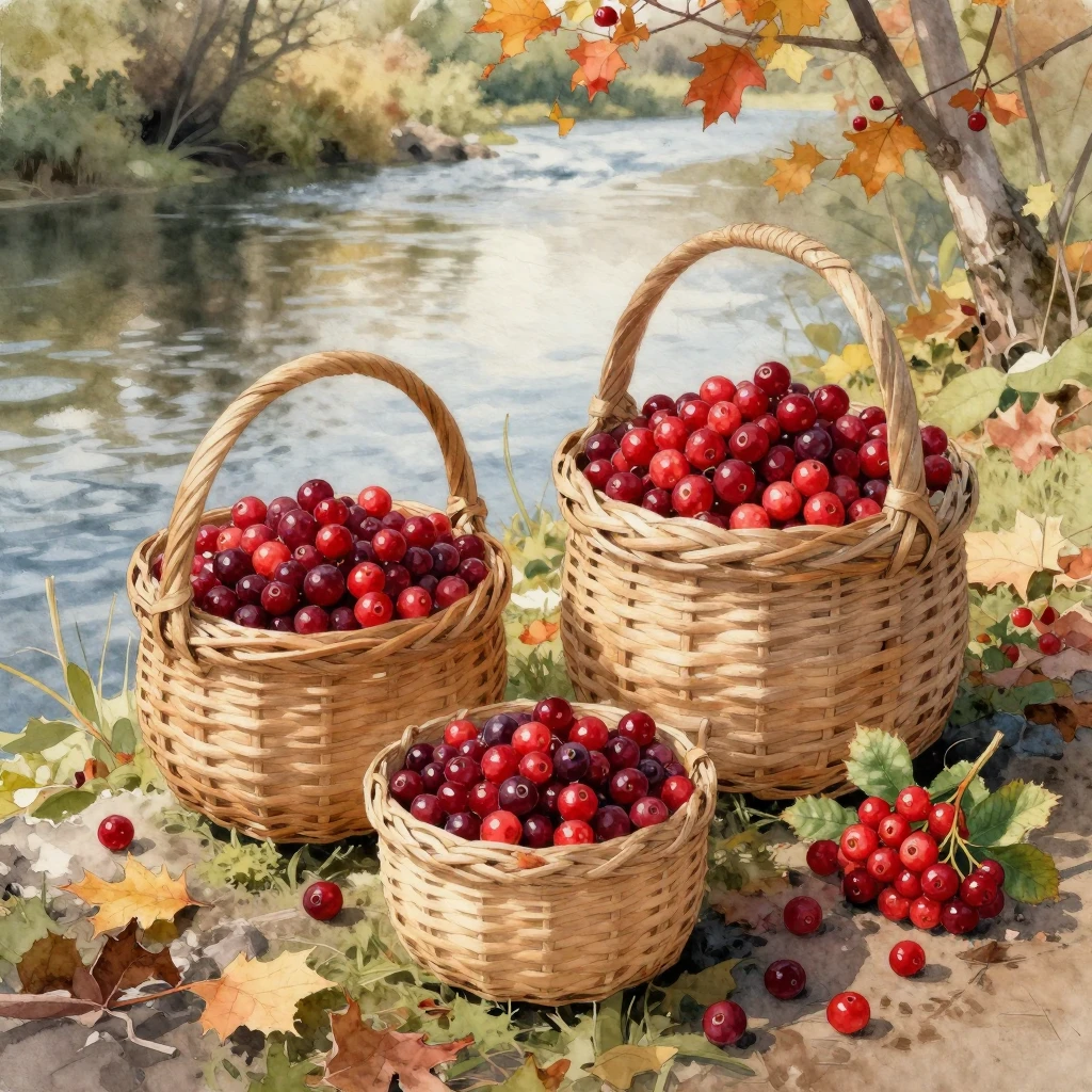 Artistic painting of baskets filled with ripe cranberries an...
