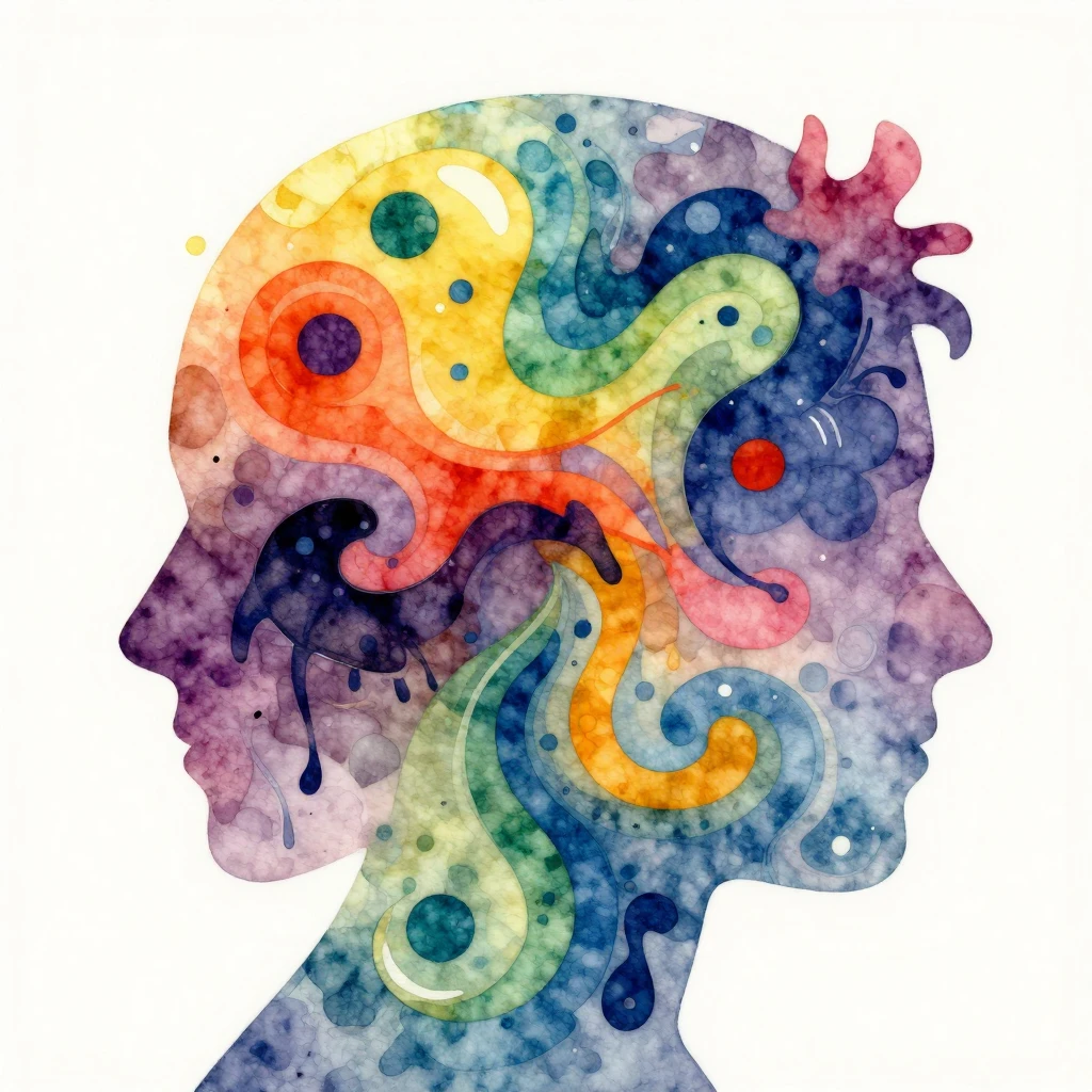 An abstract illustration in vibrant watercolor style. A head...