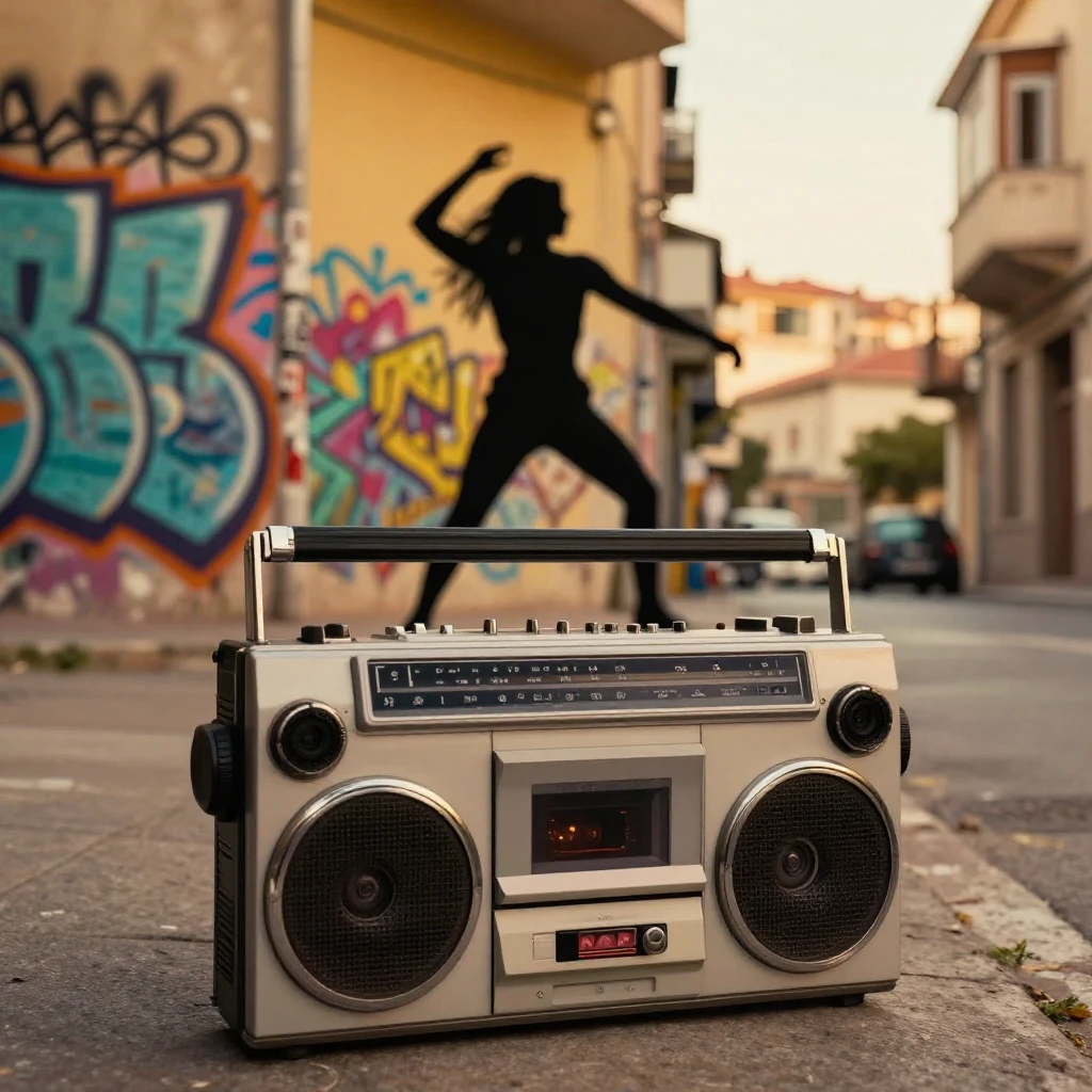 A classic boombox on an urban street, with a silhouette of a...