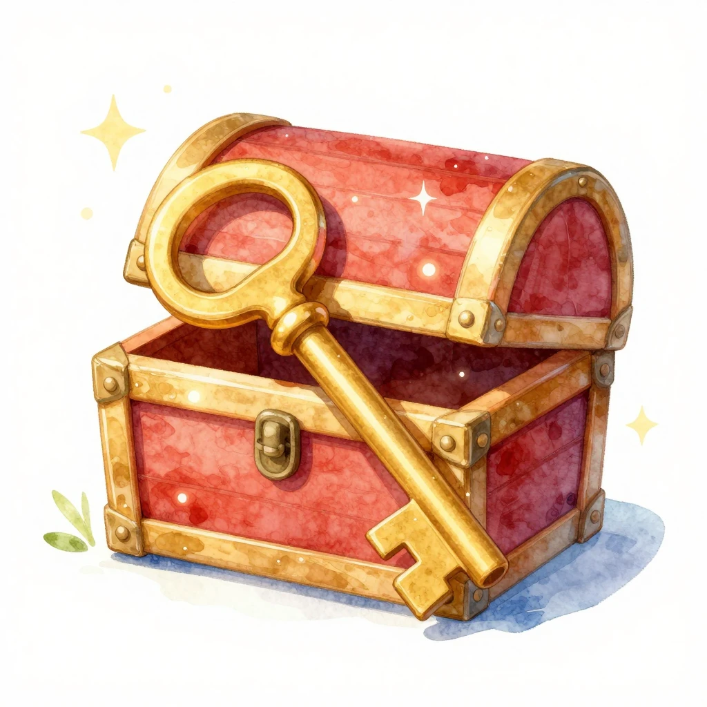 Playful watercolor illustration of a golden key and treasure...