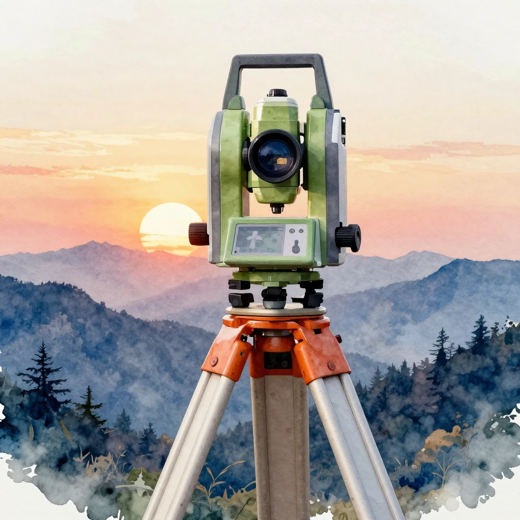 Watercolor style professional geodetic total station on trip...