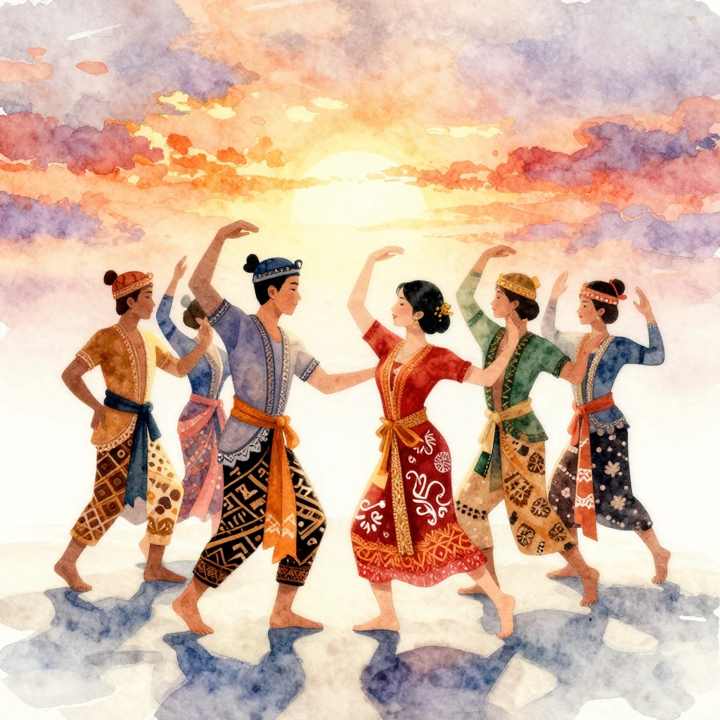 A vibrant watercolor painting of dancers in traditional Indo...