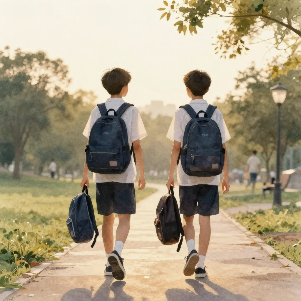 Two teenagers, one carrying two school backpacks, walk along...