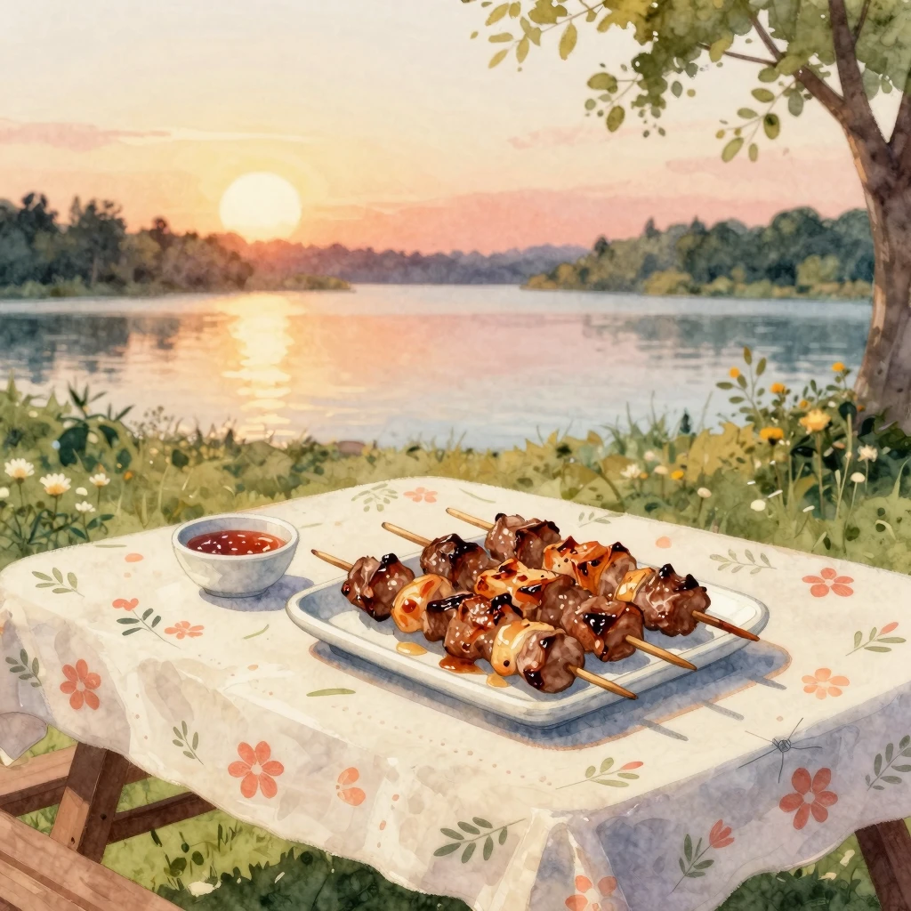 Watercolor illustration of delicious grilled meat skewers on...