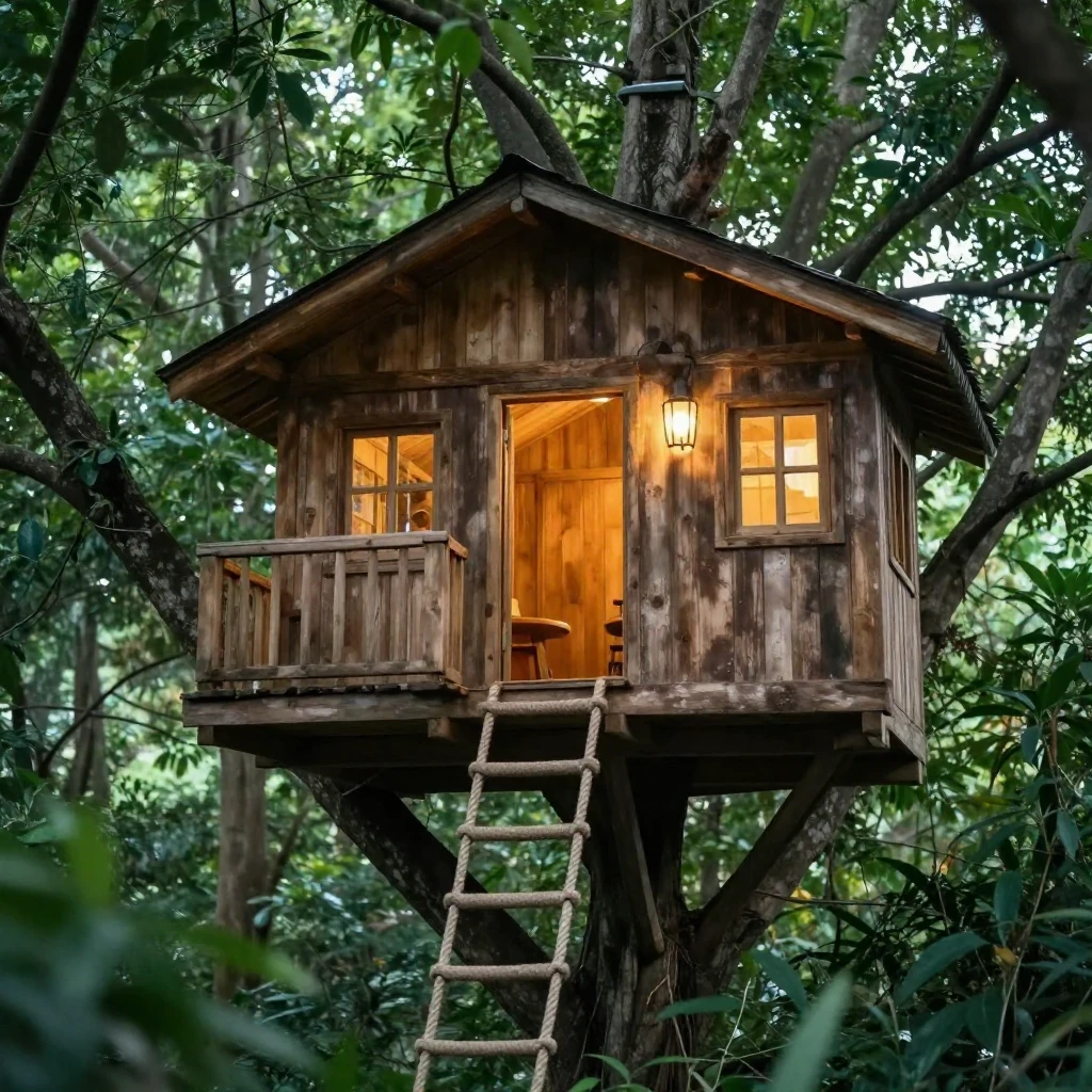 A cozy treehouse nestled high in a lush green tree, with a r...