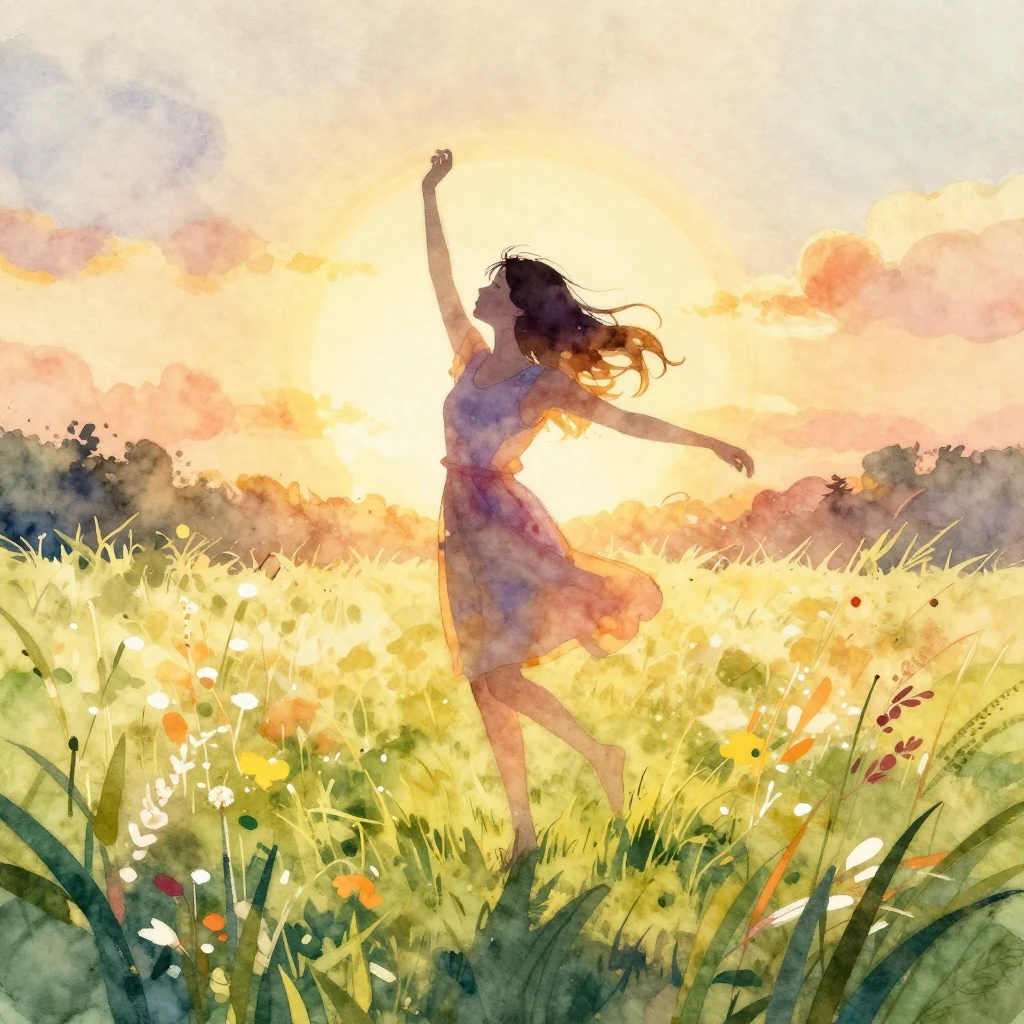 Silhouette of a girl dancing freely in a sunlit summer meado...