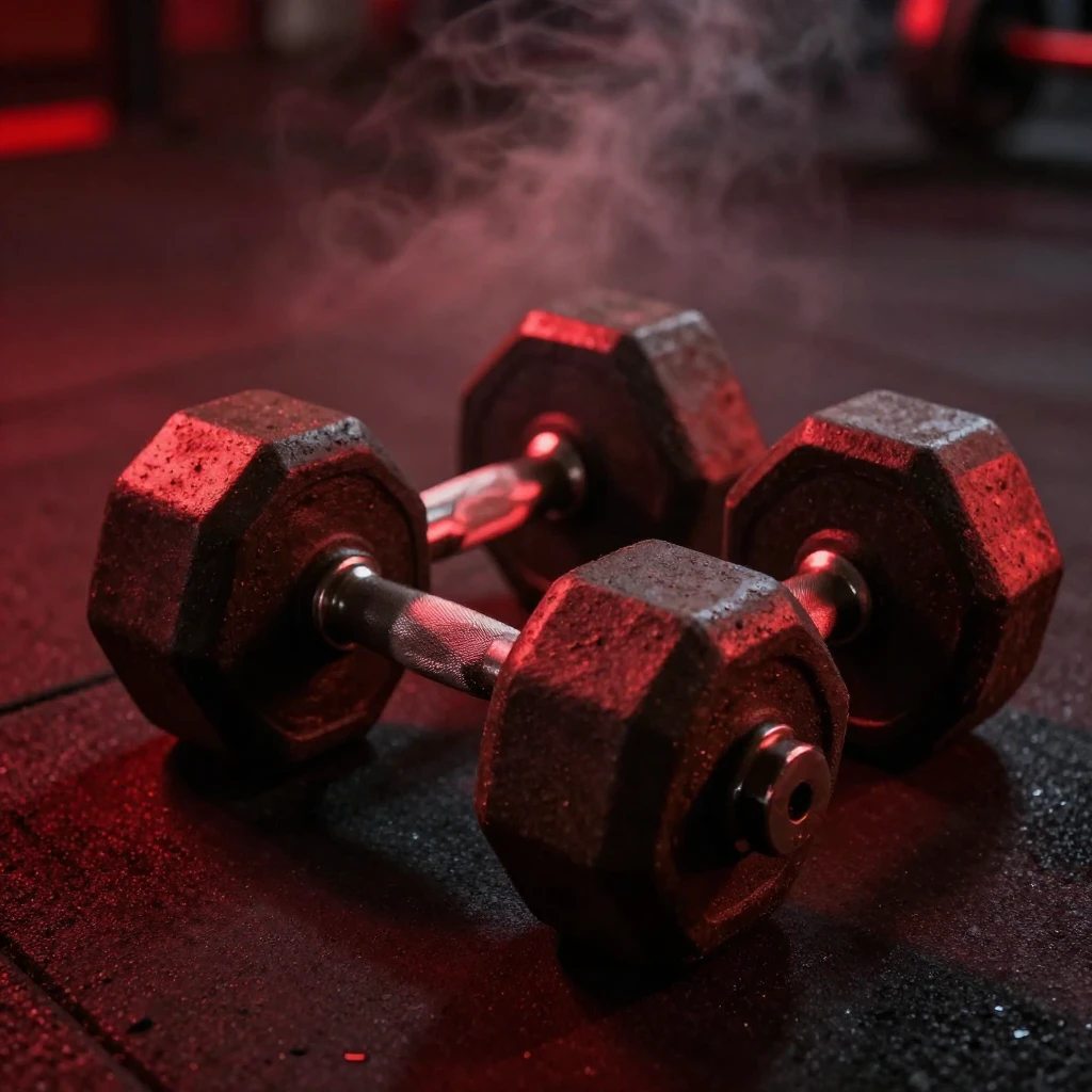 Close-up of heavy iron dumbbells on a dark gym floor. Gritty...