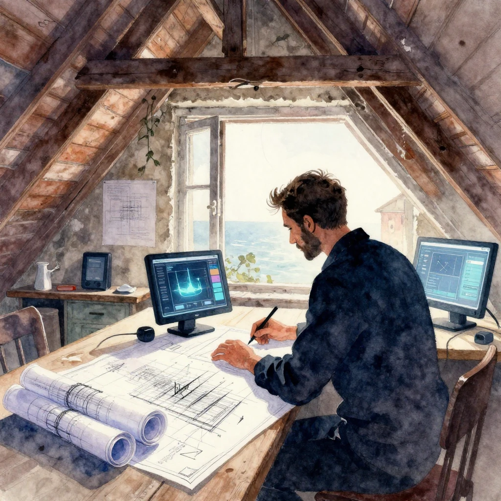 A vibrant watercolor painting of an architect's silhouette i...