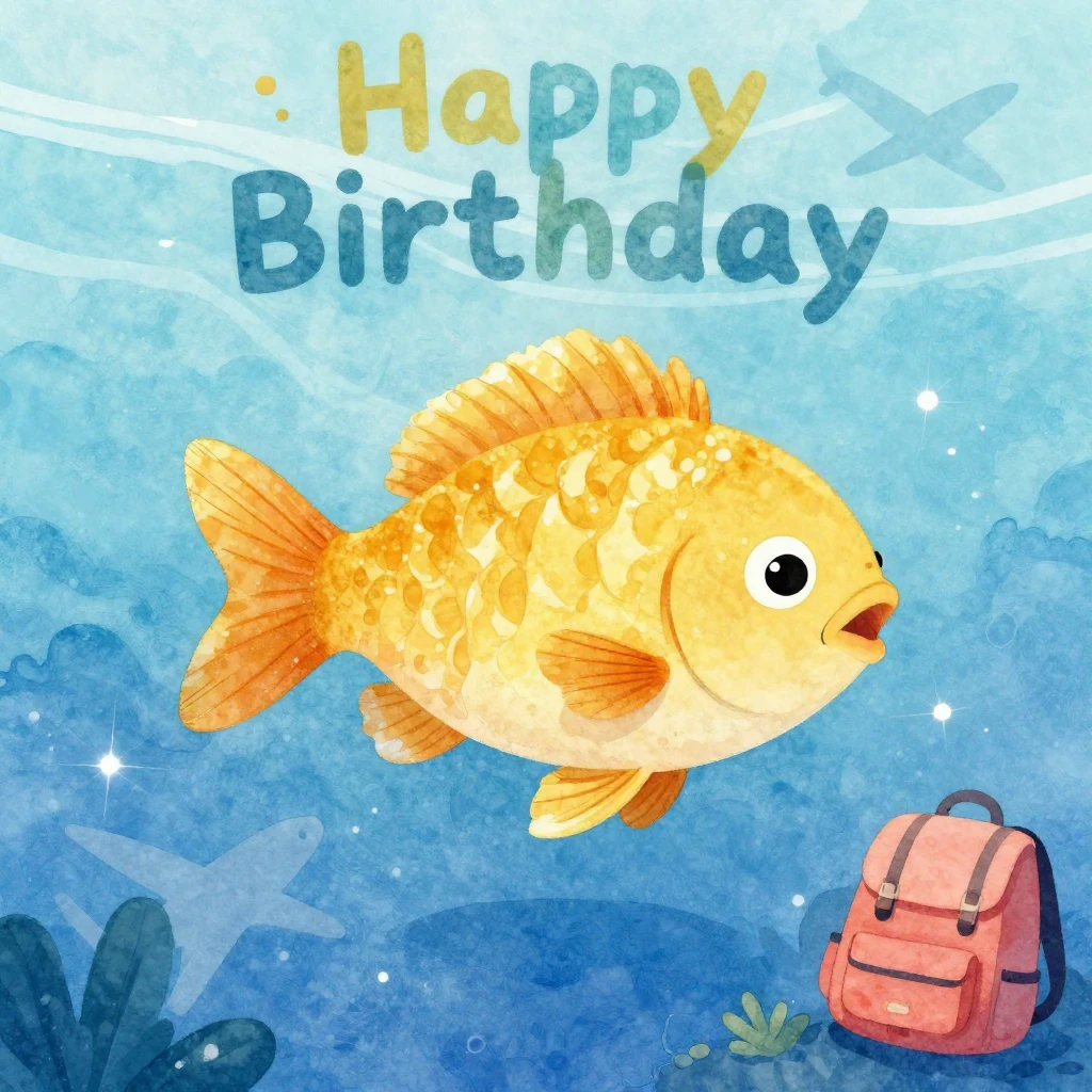 A vibrant watercolor illustration for a birthday. A golden f...