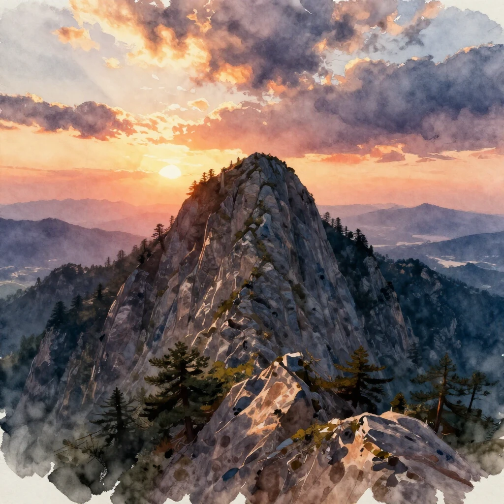 A high mountain peak at sunset, with dramatic lighting and a...