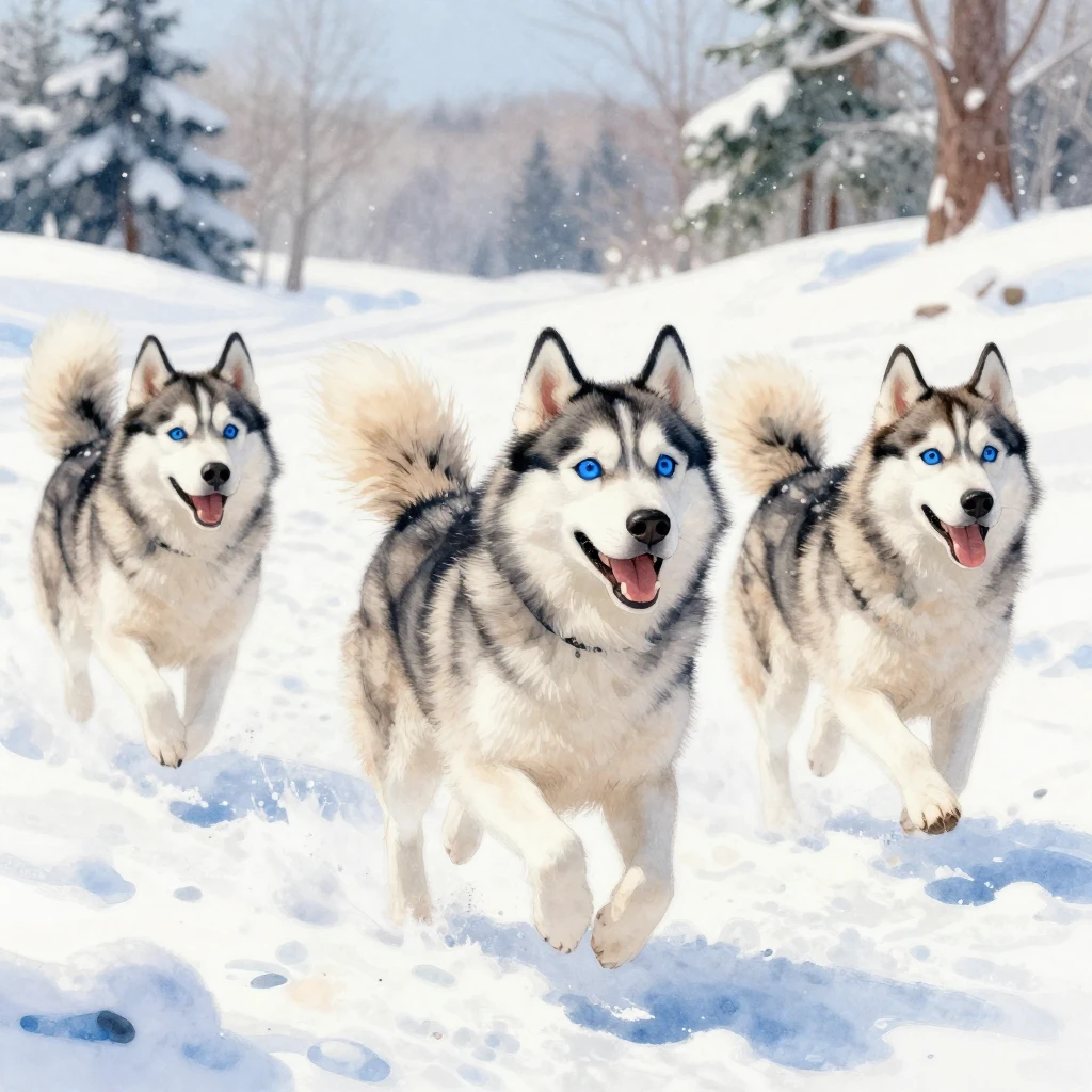 A vibrant watercolor illustration of several fluffy Siberian...