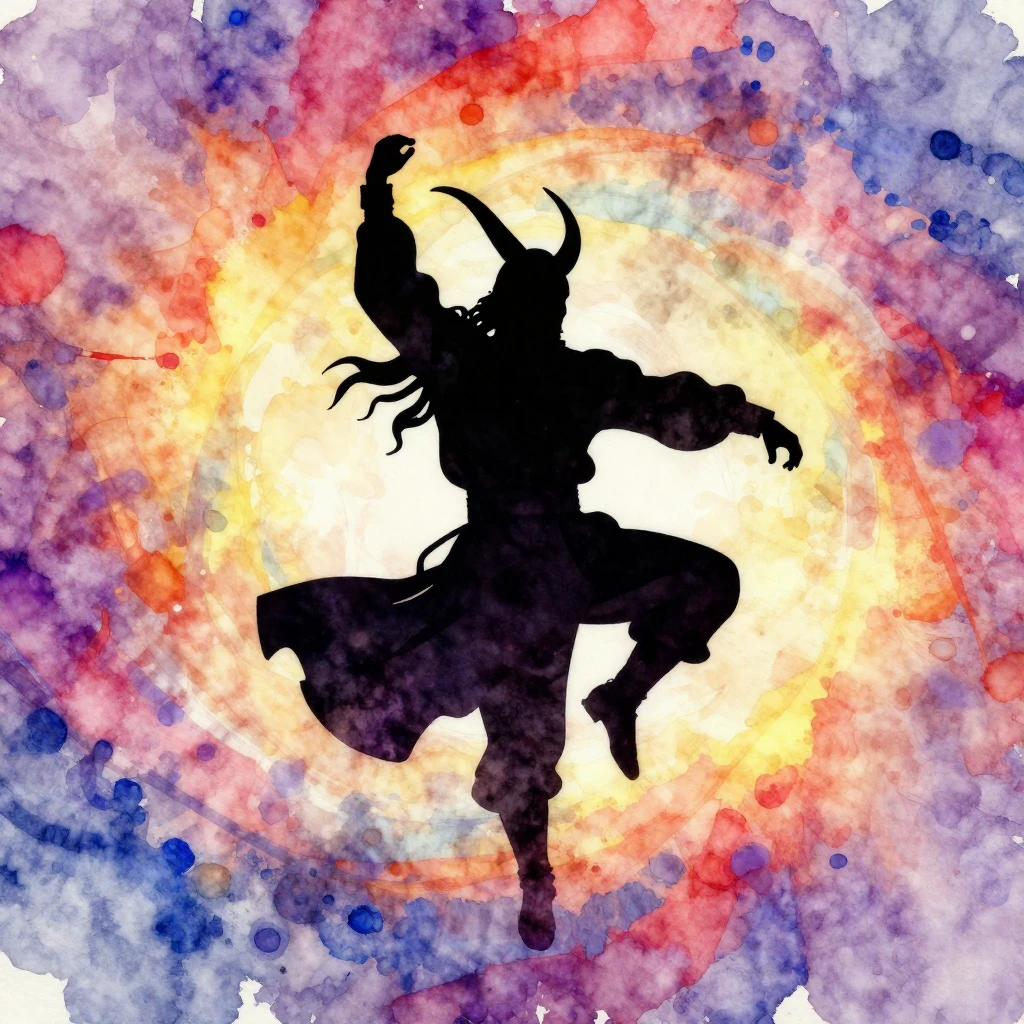 A vibrant watercolor style silhouette of a Cossack dancing w...