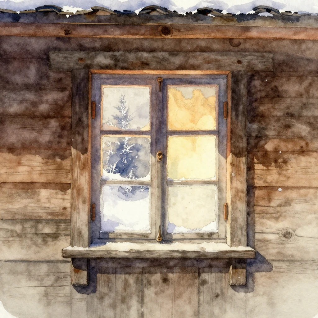A watercolor painting of a cozy, rustic wooden house, with a...