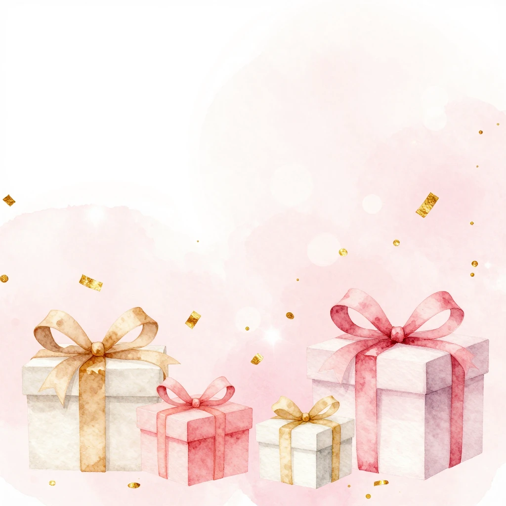 Watercolor style, minimalist scene with soft pink and gold c...