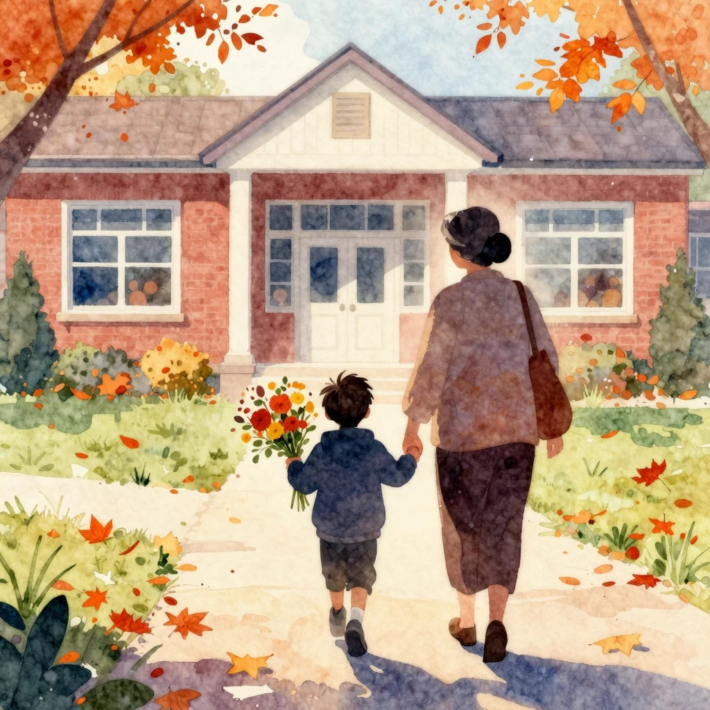 Vibrant watercolor style. A silhouette of a grandmother and ...