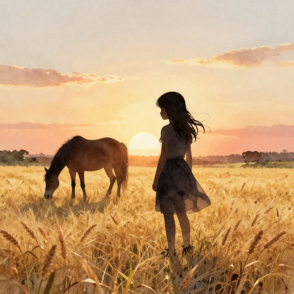 A watercolor silhouette of a young girl standing in a vast g...