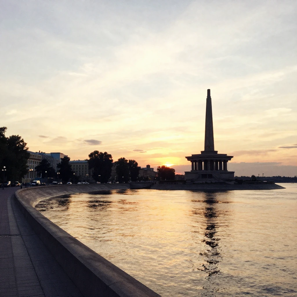 A majestic view of the Volga river embankment at sunset, sil...
