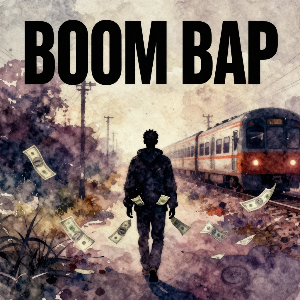 Vibrant watercolor style. Boom Bap rap album cover, abstract...