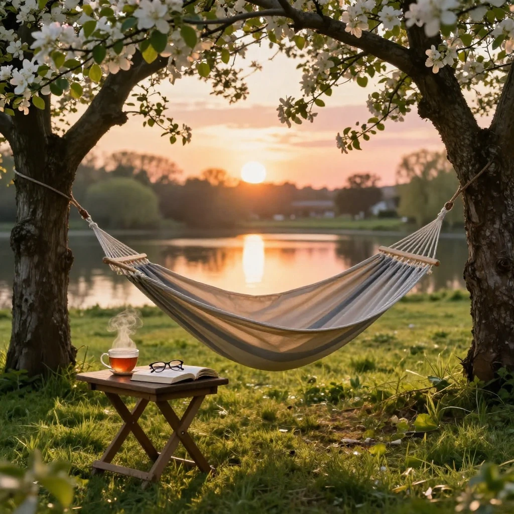 A peaceful garden scene at golden hour. A comfortable hammoc...