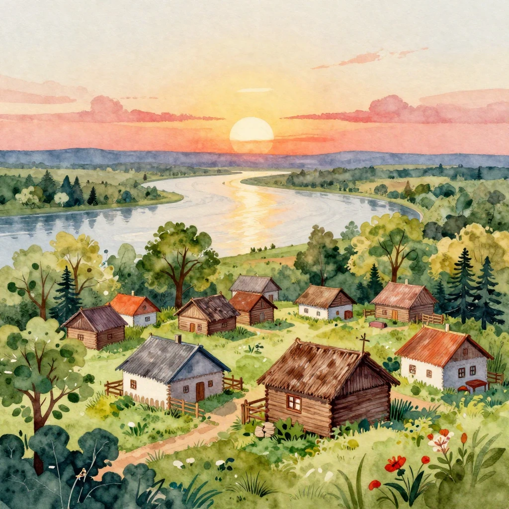 A vibrant folk art watercolor illustration of a small, tradi...