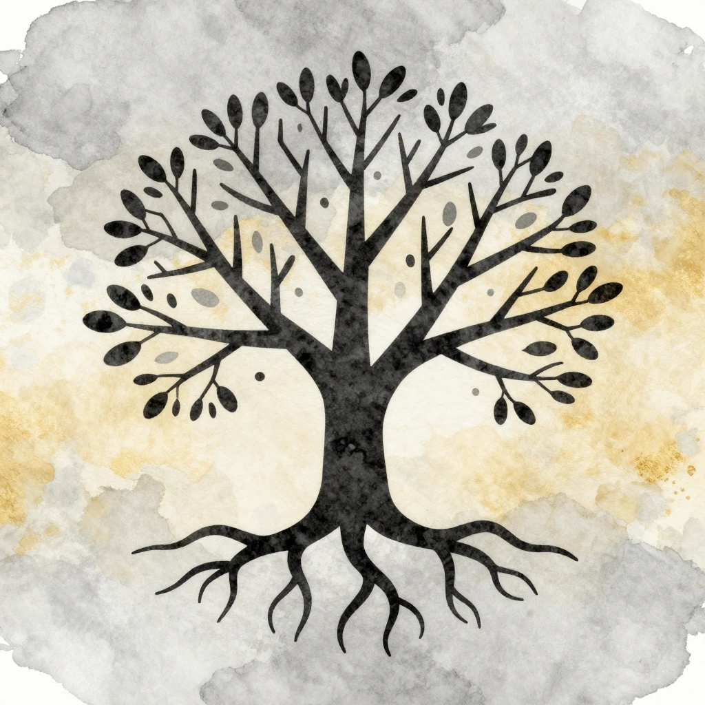 Watercolor style. A minimalist silhouette of a tree with roo...