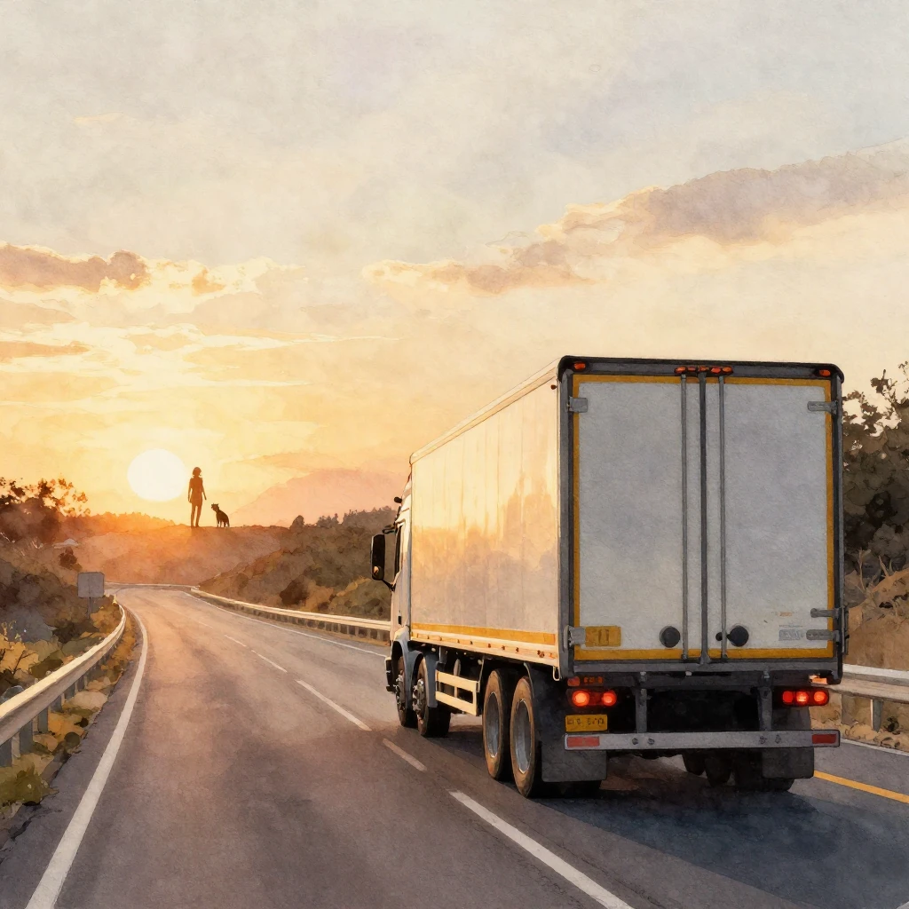 Watercolor style. A large truck driving away on a long, wind...