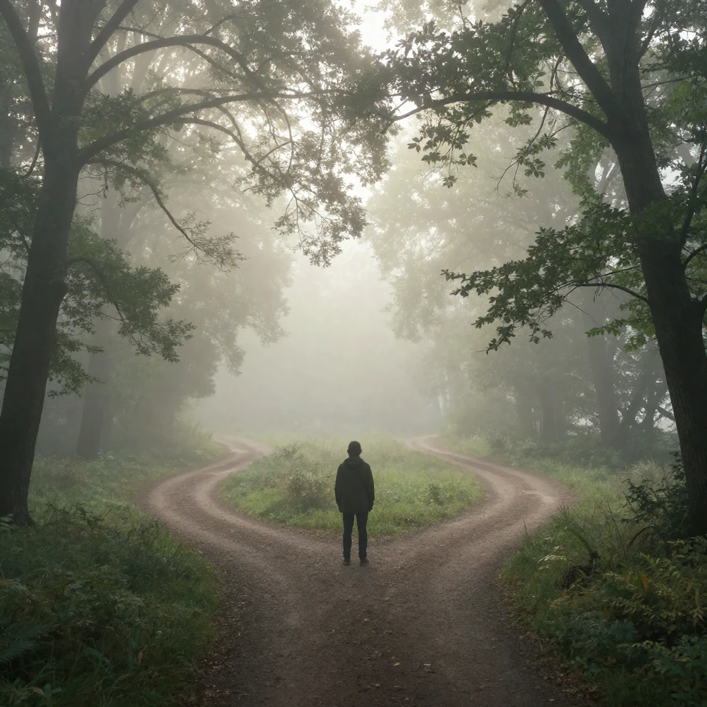 A solitary figure stands at a misty forest crossroads, three...
