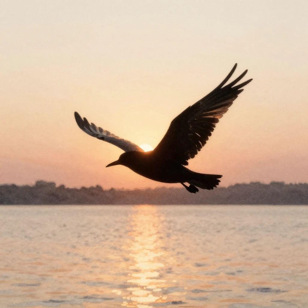 Watercolor painting of a bird silhouette soaring over a calm...