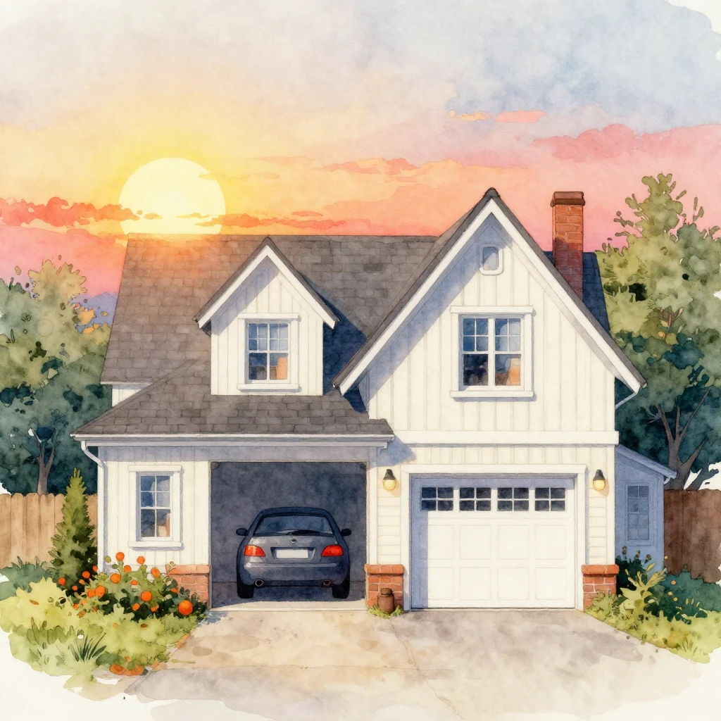 A vibrant watercolor painting of a cozy house with a car in ...