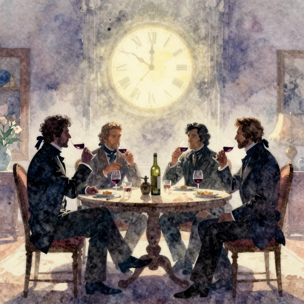 Watercolor painting of four men in 19th-century clothing sil...
