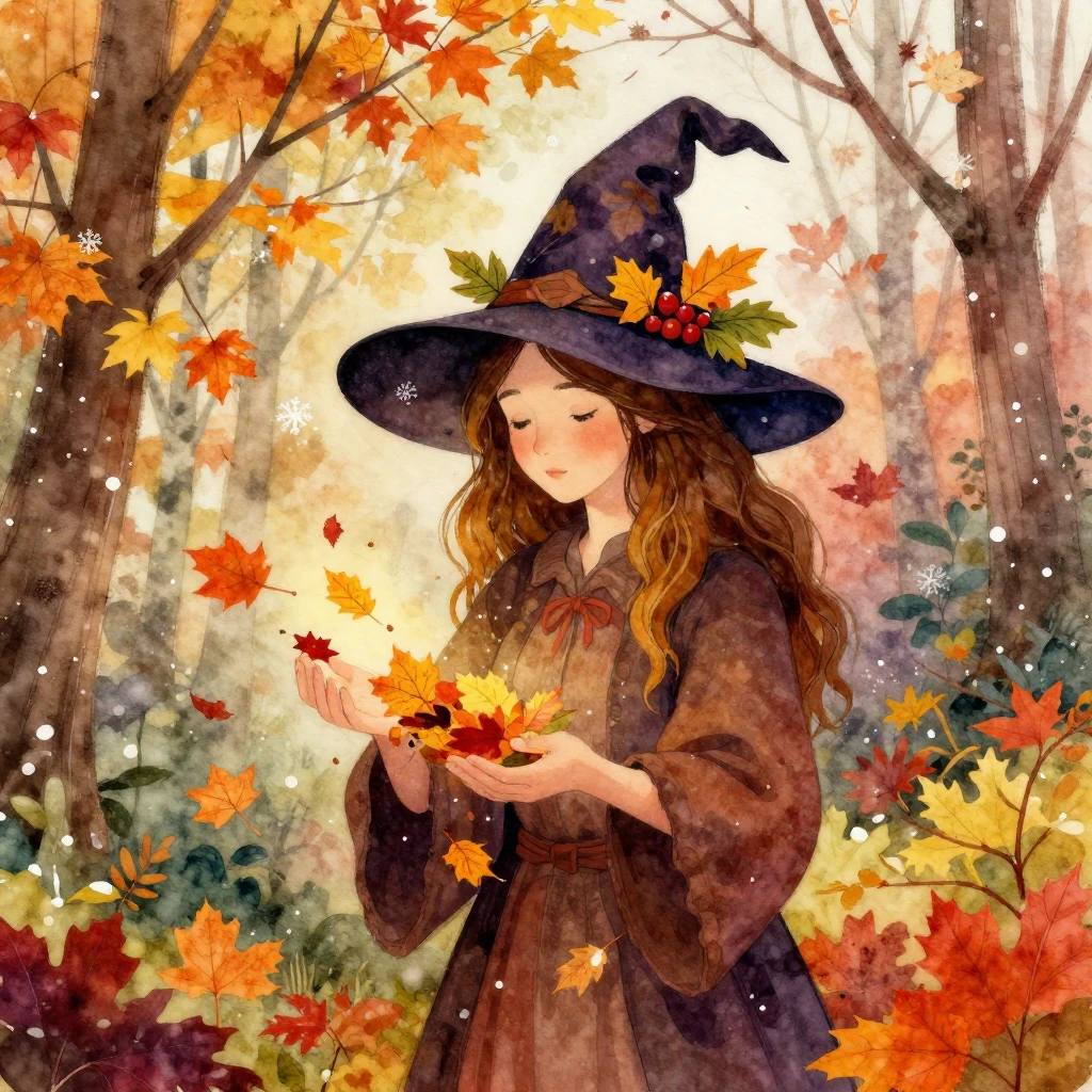 A whimsical autumn witch, dressed in earthy tones, with a po...