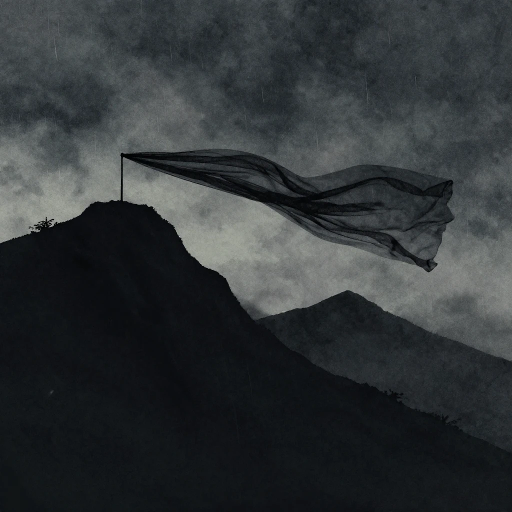 A silhouette of high jagged mountains under a dark rainy sky...