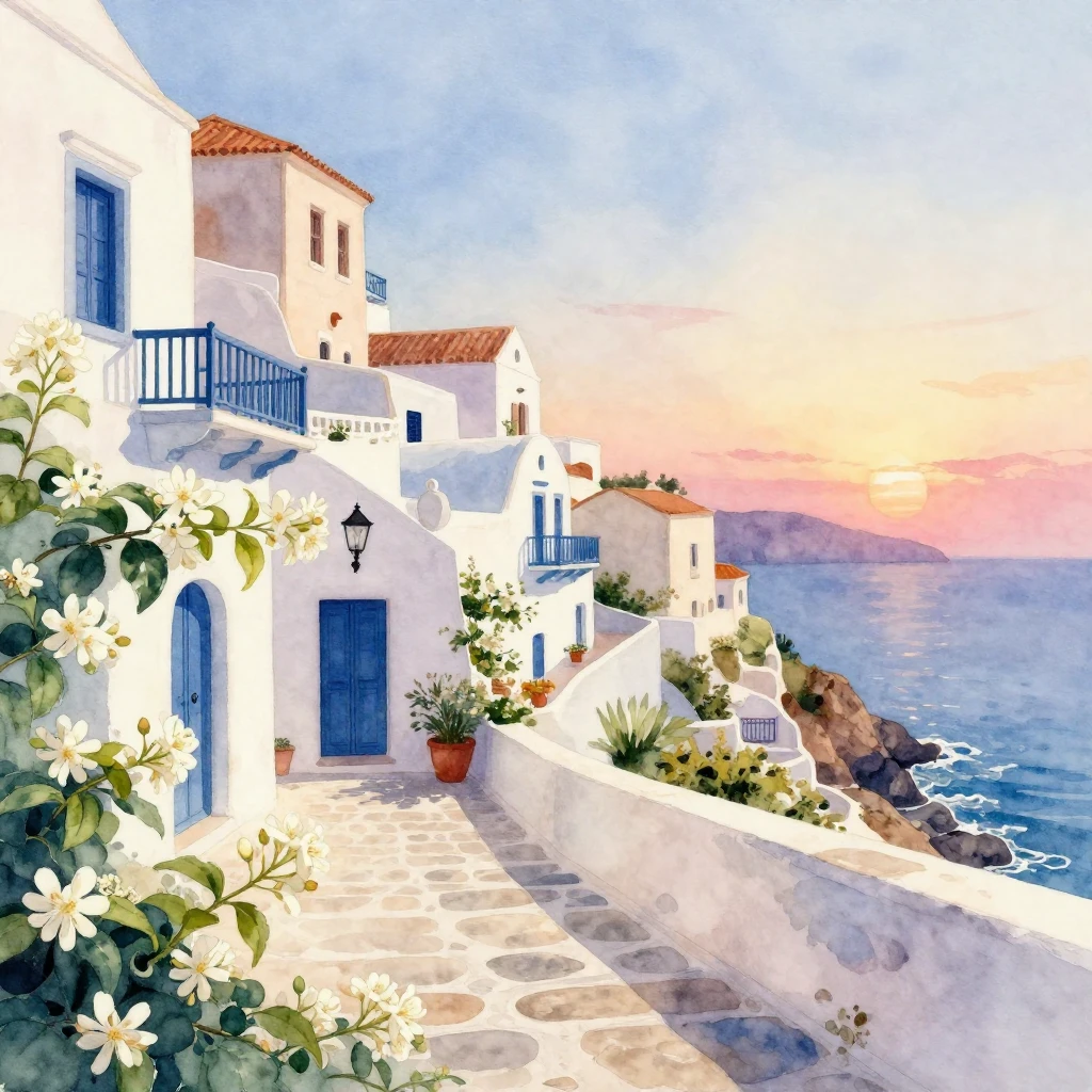 A watercolor painting showcasing beautiful Mediterranean arc...